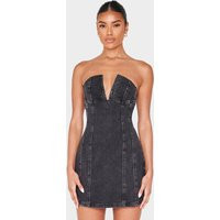 Black Plunge Detail Strapless Denim Mini Dress | PrettyLittleThing US