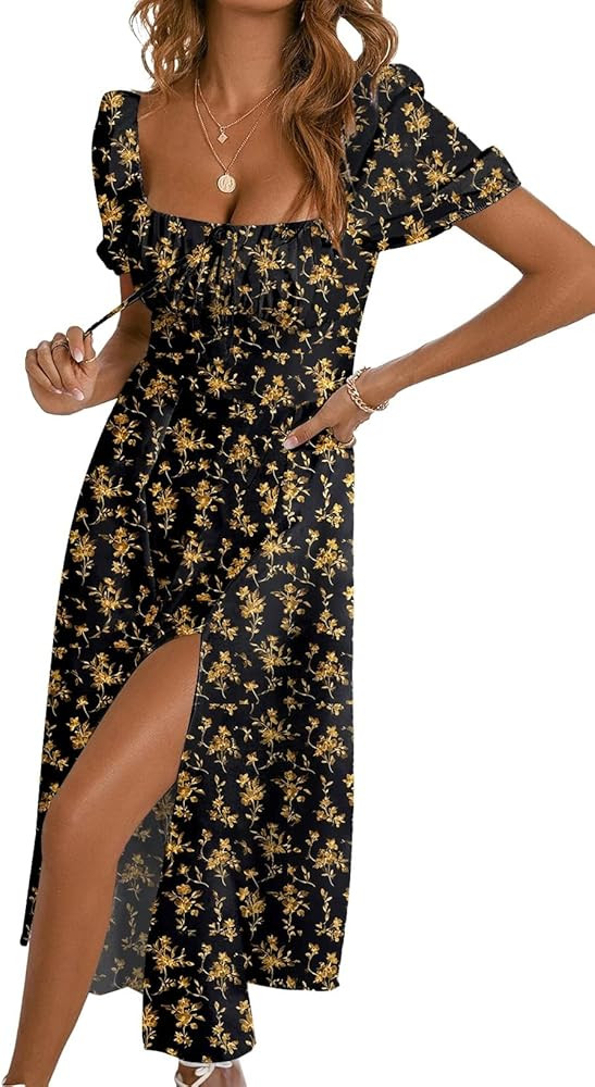 BLENCOT Casual Womens Summer Short Sleeve Square Neck Split Midi Dresses | Amazon (US)