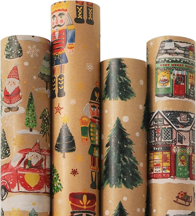 Ribbli Christmas Wrapping Paper 4 Rolls Vintage Kraft Wrapping Paper, 30 Inch x 10 Feet Per Roll,... | Amazon (US)