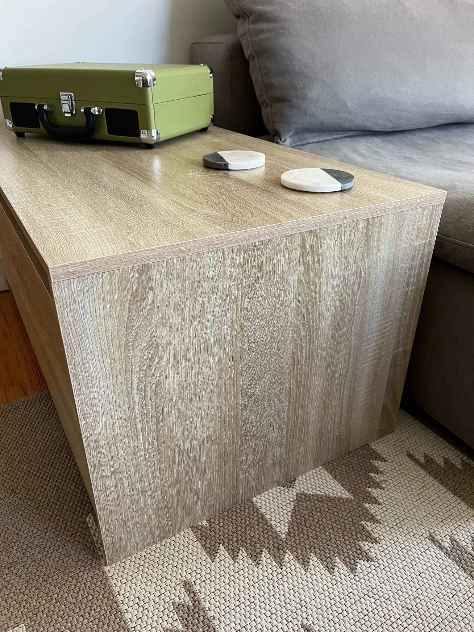 In LOVE with our new end table + with our cutie new record player too 🎶

Pros:

💚 No filter in only natural light to show true finish! The color is perfection + the wood texture looks so real. It’s a great natural white oak alternative.

💚 A complete steal at $134!

💚 True size: 35-7/16”W x 19-13/16”D x 16-5/16”H [trust me.. measuring things is my job] 

💚 An end table with storage was a must in our tiny living room. I love love love these drawers. 

💚 It is technically a coffee table which means all sides are finished + beautiful! 

💚 See more angles of this piece on my feed! 

Cons: 

1️⃣ It took a long time to assemble. 

2️⃣ We knew this going in, but the finish is not super durable. Our first shipment had some damage, so we needed to exchange it for another. But since then, no sign of wear + tear at all! 

All in all, both cons were 100% worth the extremely affordable price. We are so happy with it + it really levels up our space ✨ 

coffee table with drawers, sled coffee table drawers, affordable white oak coffee table, white oak veneer, modern white oak coffee table, modern coffee table storage, rectangular coffee table storage, latitude run Sonoma oak, latitude run coffee table white chipboard, vidaxl coffee table Sonoma oak, vidaxl coffee table drawers, 3’ coffee table, 36” coffee table, small living room coffee table, small living room ideas, minimal coffee table, minimalist coffee table, minimalistic coffee table, minimalism coffee table

#LTKhome #LTKFind