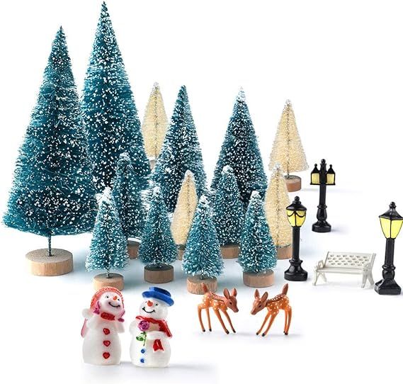 KUUQA Mini Christmas Trees Bottle Brush Trees with Snowmen Reindeer, 31Pcs Christmas Village Sets... | Amazon (US)