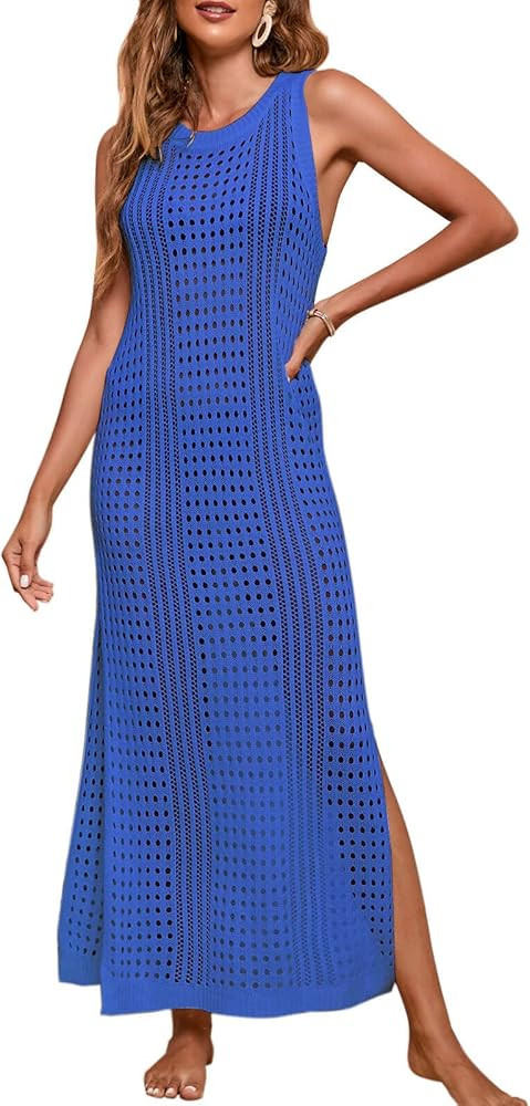 Alsol Lamesa Women’s Crochet Cover Up Hollow Out Side Split Sleeveless Long Beach Dress | Amazon (US)