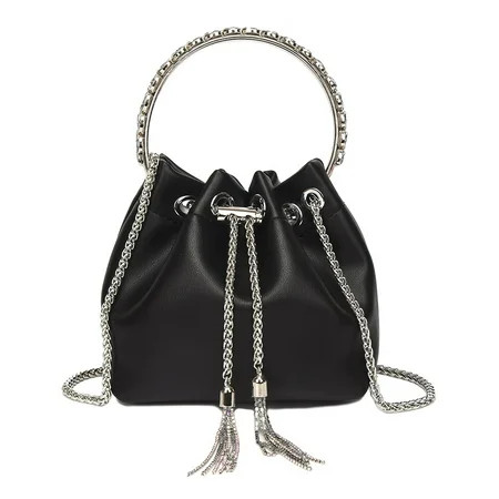 Women s PU Leather Evening Drawstring Handbag Ladies Evening Clutch Chain Crossbody Bucket Bag Black | Walmart (US)
