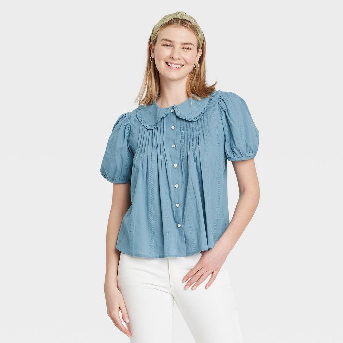 Women's Striped Puff Short Sleeve Button-Down Shirt - Universal Thread™ | Target