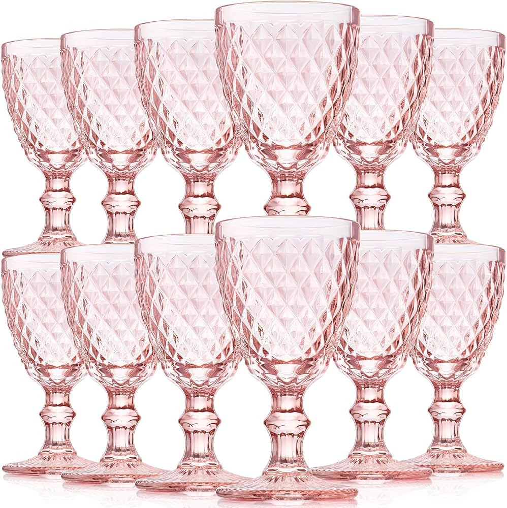 Lallisa Pink Wine Glass Set of 12 Vintage Glassware Pink Goblets 8 oz Embossed Drinking Glass wit... | Amazon (US)