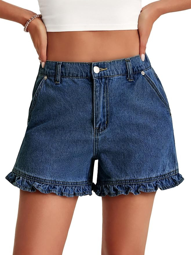 Aoysky Womens Summer Ruffle Denim Shorts Cute High Waisted Cotton Short Jeans with Pockets | Amazon (US)