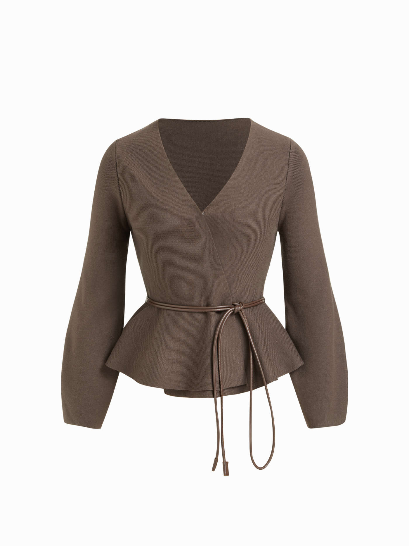 Knit Fabric Knit V-neck Lantern Sleeve Cardigan With Belt For Daily Casual Work | Cider