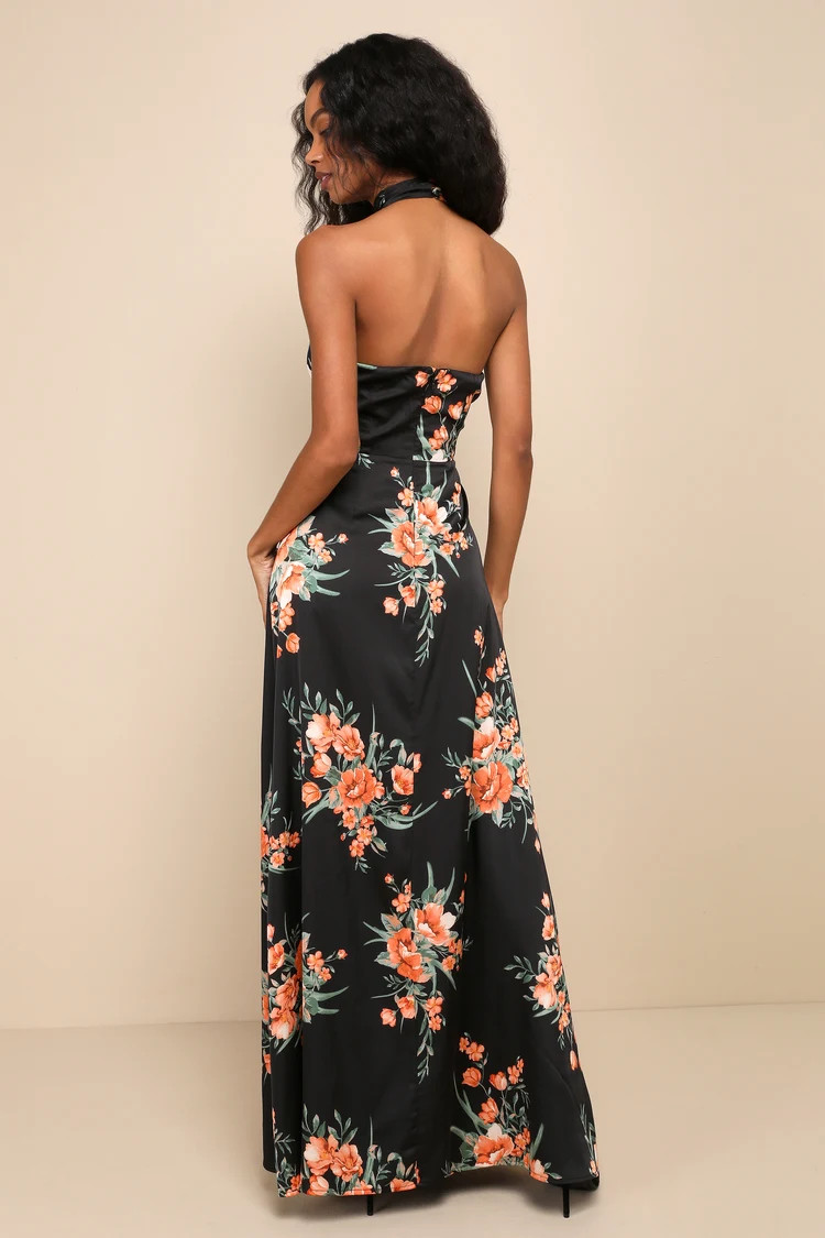Passionately Chic Black Floral Satin Halter Maxi Dress | Lulus