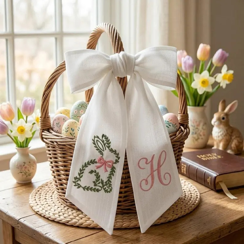 Embroidered Greenery Bunny Embroidered Wreath Sash, Floral Bunny Sash, Personalised Monogram Fron... | Etsy (US)