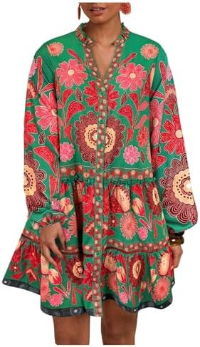 SOLY HUX Women's Floral Print Summer Short Dresses Boho Beach Long Sleeve Button Down Flowy Smock... | Amazon (US)