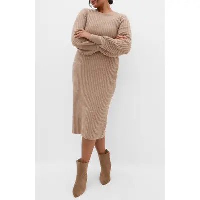City Chic Sarah Long Sleeve Rib Sweater Midi Dress in Mushroom Melange at Nordstrom | Nordstrom