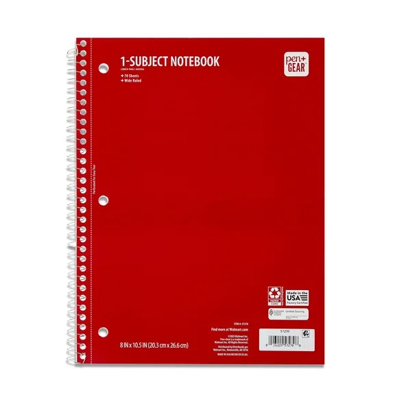 Pen+Gear Wide Rule 1 Subject Notebook, 8” x 10.5”, Red, 70 Sheets, New | Walmart (US)