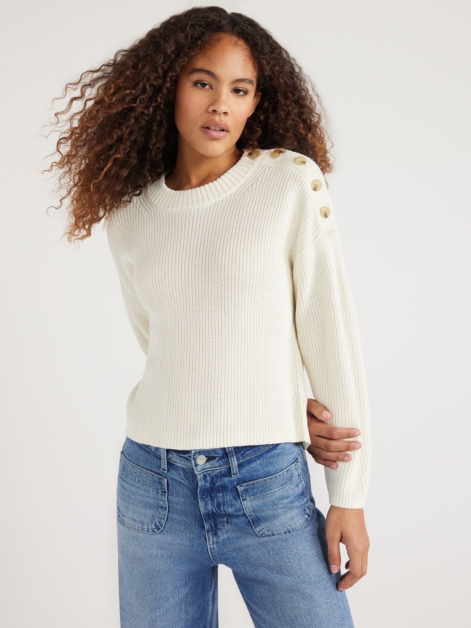 Free Assembly Women’s Button Shoulder Sweater with Long Sleeves, Midweight, Sizes XS-XXL | Walmart (US)