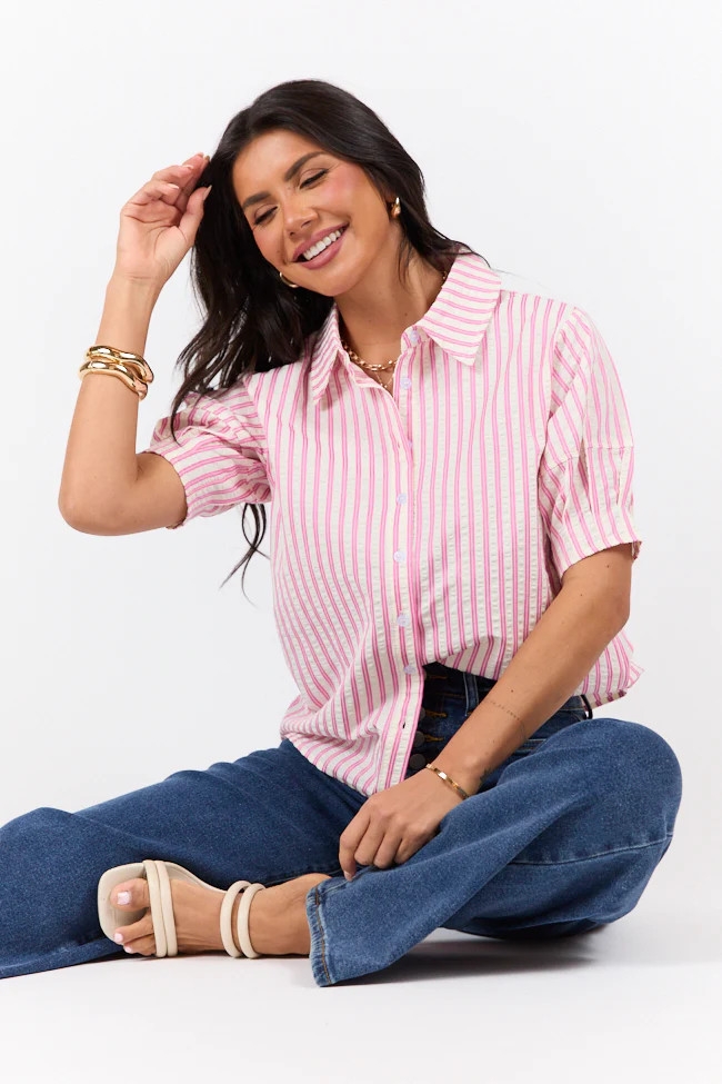 Just For Fun Pink Striped Button Down Short Sleeve Top | Pink Lily