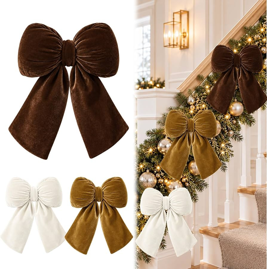 3 Plush Velvet Christmas Bows, 12 Inch Neutral Vintage Velvet Bows | Amazon (US)