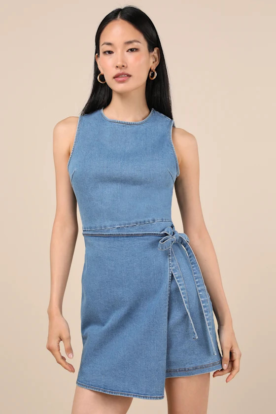 Albena Medium Wash Denim Sleeveless Mini Wrap Dress | Lulus