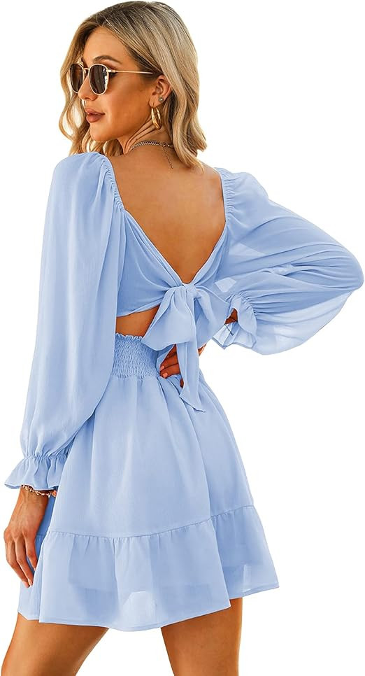 EXLURA Women Tie Back Summer Dresses Long Lantern Sleeve Square Neck Ruffle Elastic Waist Aline C... | Amazon (US)