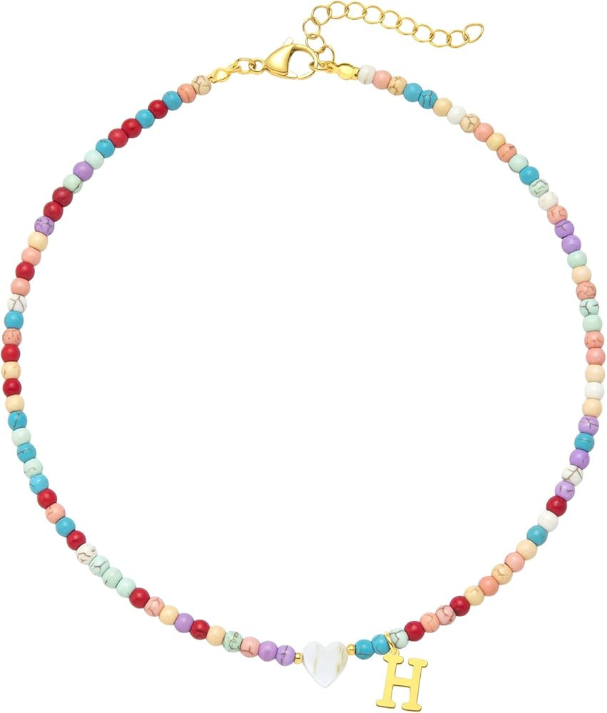 Gold Colorful Initial Beaded Necklace for Women Handmade Girls Colorful Beaded Initial Stainless ... | Amazon (US)