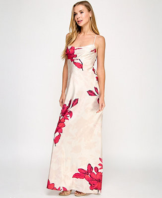 Juniors' Floral-Print Satin Spaghetti-Strap Gown | Macy's