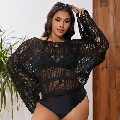 Plus Size Women's Solid Color Sexy Loose Hollow-Out Batwing Sleeve Beach Cover Up, Summer | SHEIN
