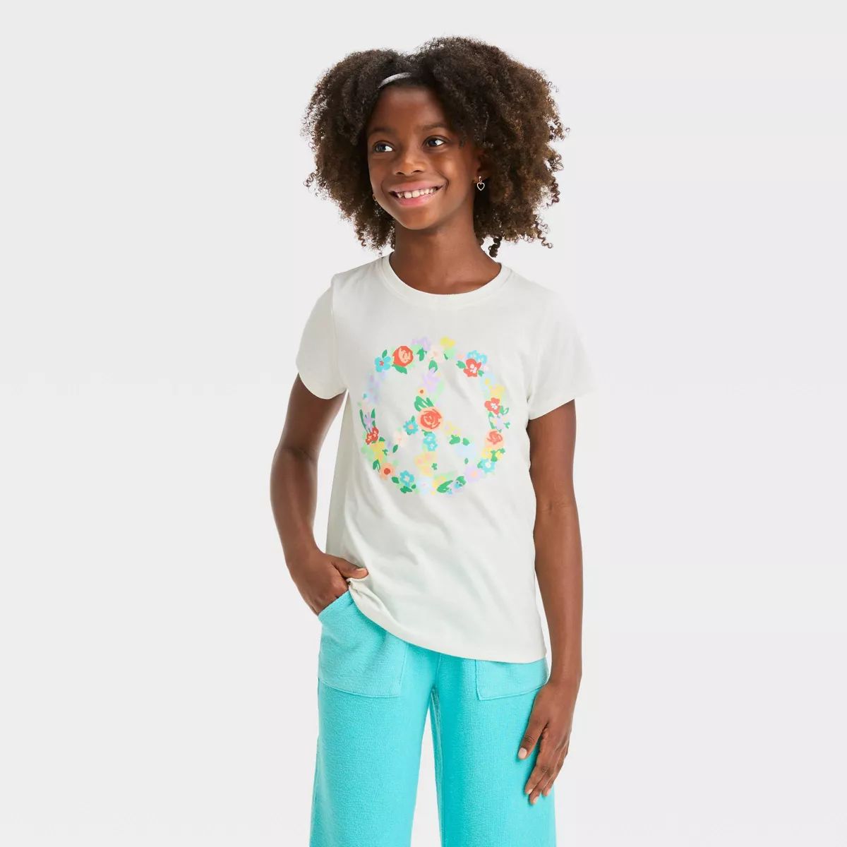 Girls' Short Sleeve 'Flower Peace' Graphic T-Shirt - Cat & Jack™ Cream | Target
