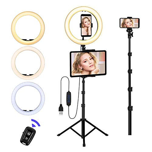 Ring Light with Stand and Phone Holder, 10'' LED Selfie Ring Light with Tripod (17''-73'') Bluetooth Remote for iPad/Tablet/Video Recording/Live Stream/Makeup/YouTube/Photography, 3 Color Modes | Amazon (US)