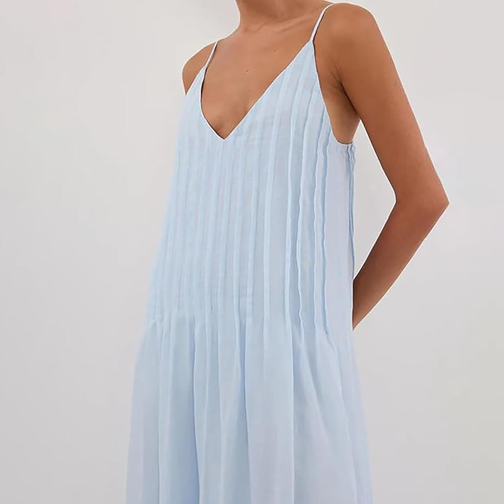 Women Summer Dresses Pleated Maxi Dresss Sleeveless Spaghetti Strap V Neck Beach Vacation Long Fl... | Amazon (US)