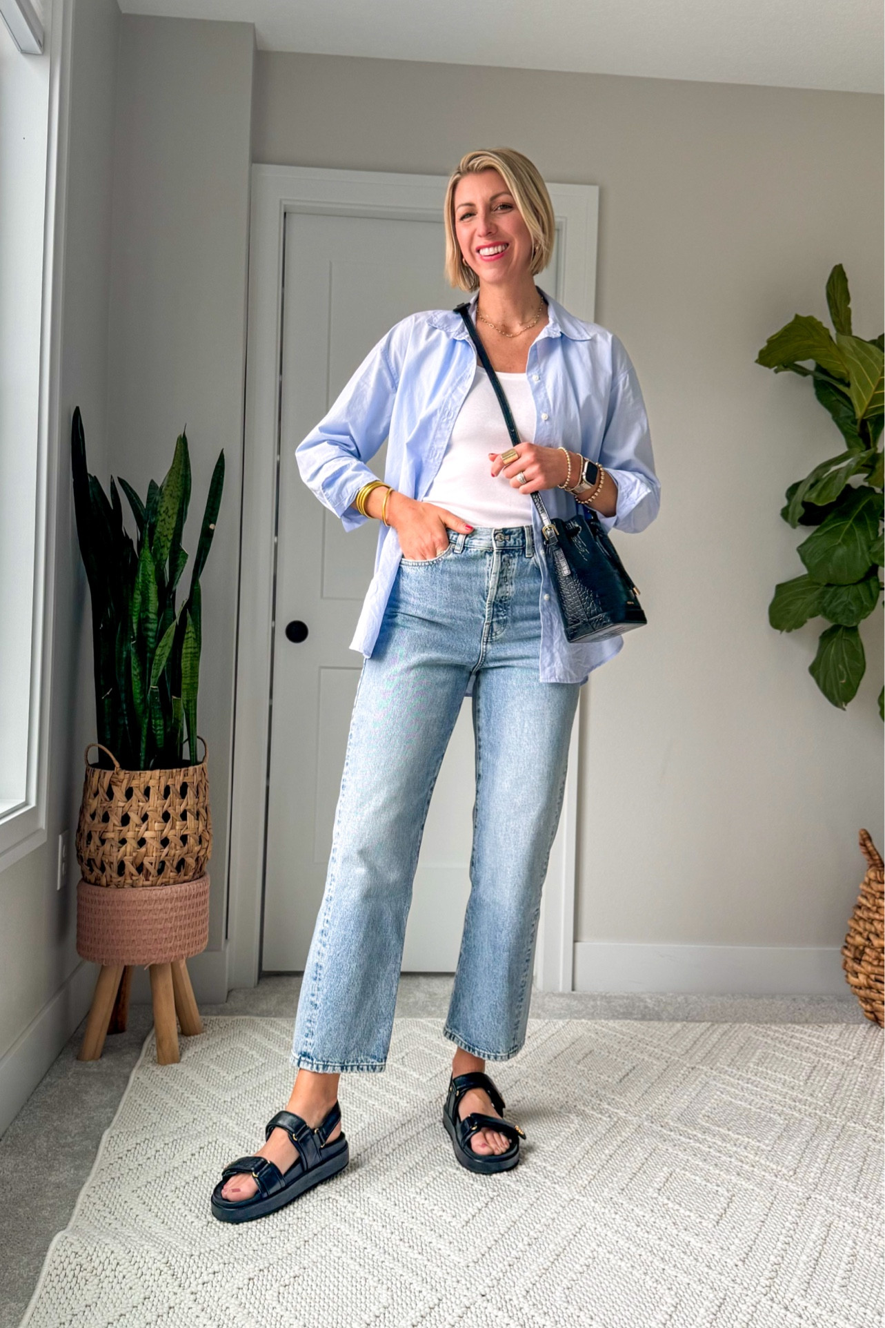 Easy to wear spring outfit with straight leg jeans, tank, button up shirt + sporty sandals! Add a handbag in the same color to elevate this basic look 🖤

Wearing my tts in these sandals- I walked miles in these last summer, they are so comfortable 👏🏻

#LTKshoecrush #LTKover40 #LTKstyletip