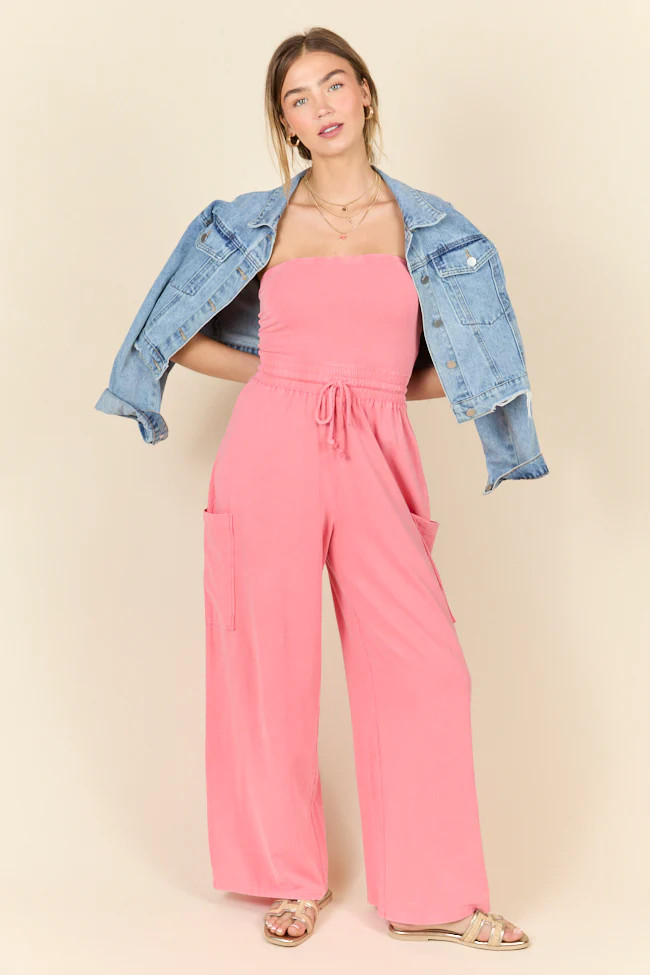 Kind Energy Coral Strapless Knit Jumpsuit | Pink Lily