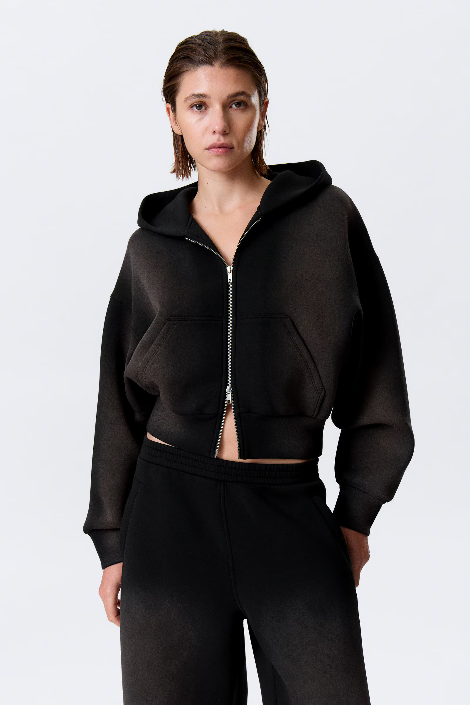 Cropped Washed Scuba Zip Hoodie | Weekday