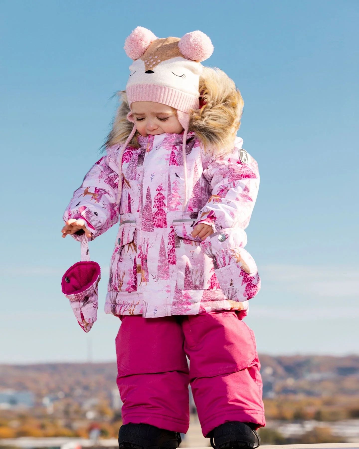 Two Piece Baby Snowsuit Fuchsia With Snowy Forest Print | Deux par Deux Childrens Designer Clothing