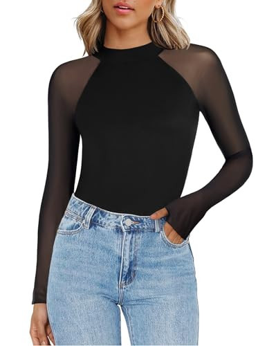 Zeagoo Black Going Out Top Women's Long Sleeve Sheer Mesh Shirts Fitted Mock Neck Trendy Blouses | Amazon (US)
