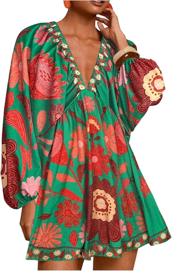 RoseSeek Women's Boho Floral V Neck Mini Dresses Bishop Sleeve Tie Open Back Tropical Dress | Amazon (US)
