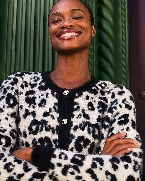 Fuzzy Leopard Novelty Button Cardigan | Express