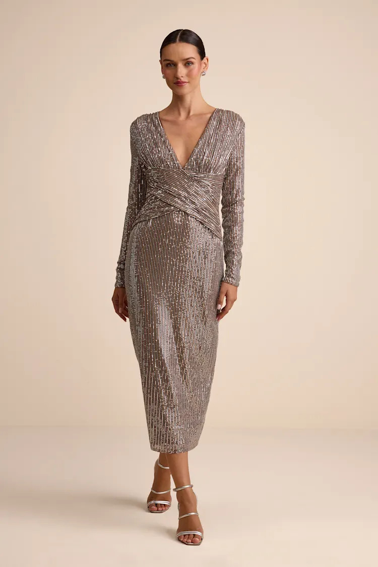 Helena Brown and Silver Sequin Long Sleeve Midi Dress | Lulus