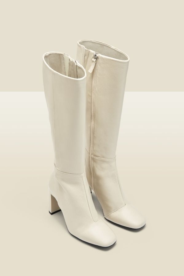 Bailey Cream Leather Knee High Heeled Boot | Sosandar
