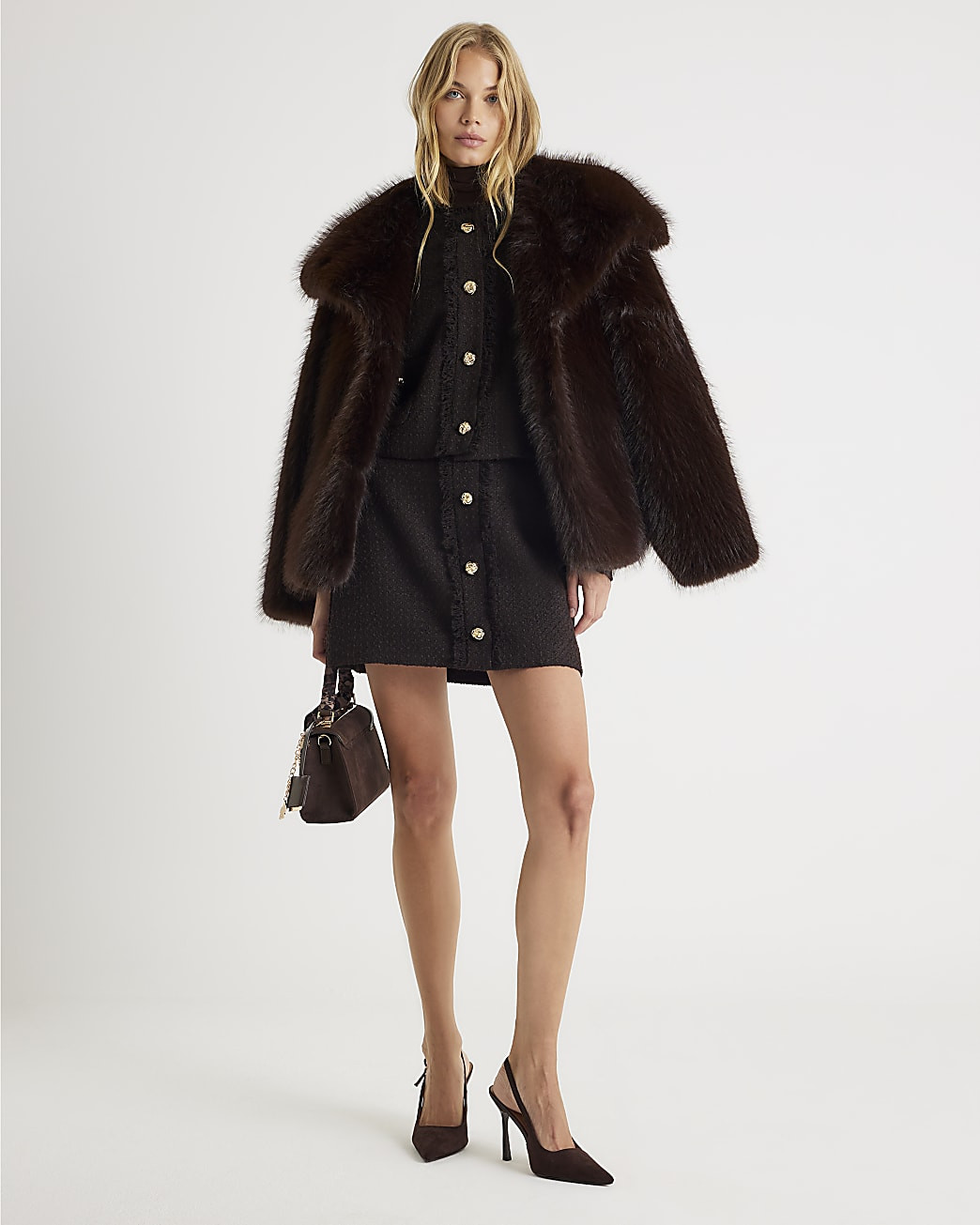 Brown Boucle Button Up Jacket | River Island UK & IE