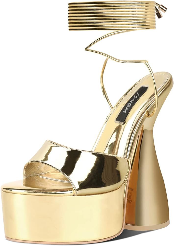 ISNOM Women's Platform High Heels Sandals, Sexy Lace Up Peep Toe Block Chunky Thick Heeled Sandal... | Amazon (US)