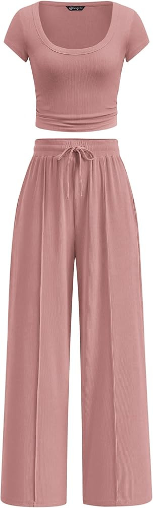 PRETTYGARDEN Women's 2 Piece Matching Lounge Sets Ribbed Short Sleeve Crop Tops Wide Leg Pants 20... | Amazon (US)