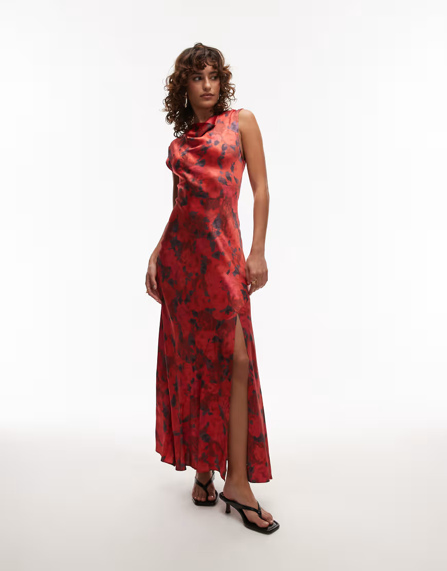 Topshop drape neck maxi dress in red rose | ASOS (Global)