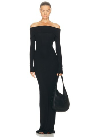 Eterne Long Sleeve Off-Shoulder Butter Rib Maxi Dress in Black | FWRD 
