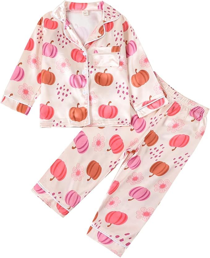 Kids Girls Pajamas Baby Short/Long Sleeve Pumpkin Print Button Down Tops Pants Satin Silk Toddler... | Amazon (US)