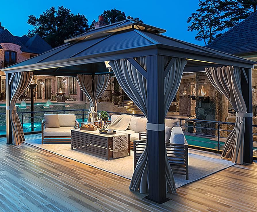 MELLCOM 10' x 13' Hardtop Gazebo, Galvanized Steel Metal Double Roof Aluminum Gazebo with Curtain... | Amazon (US)