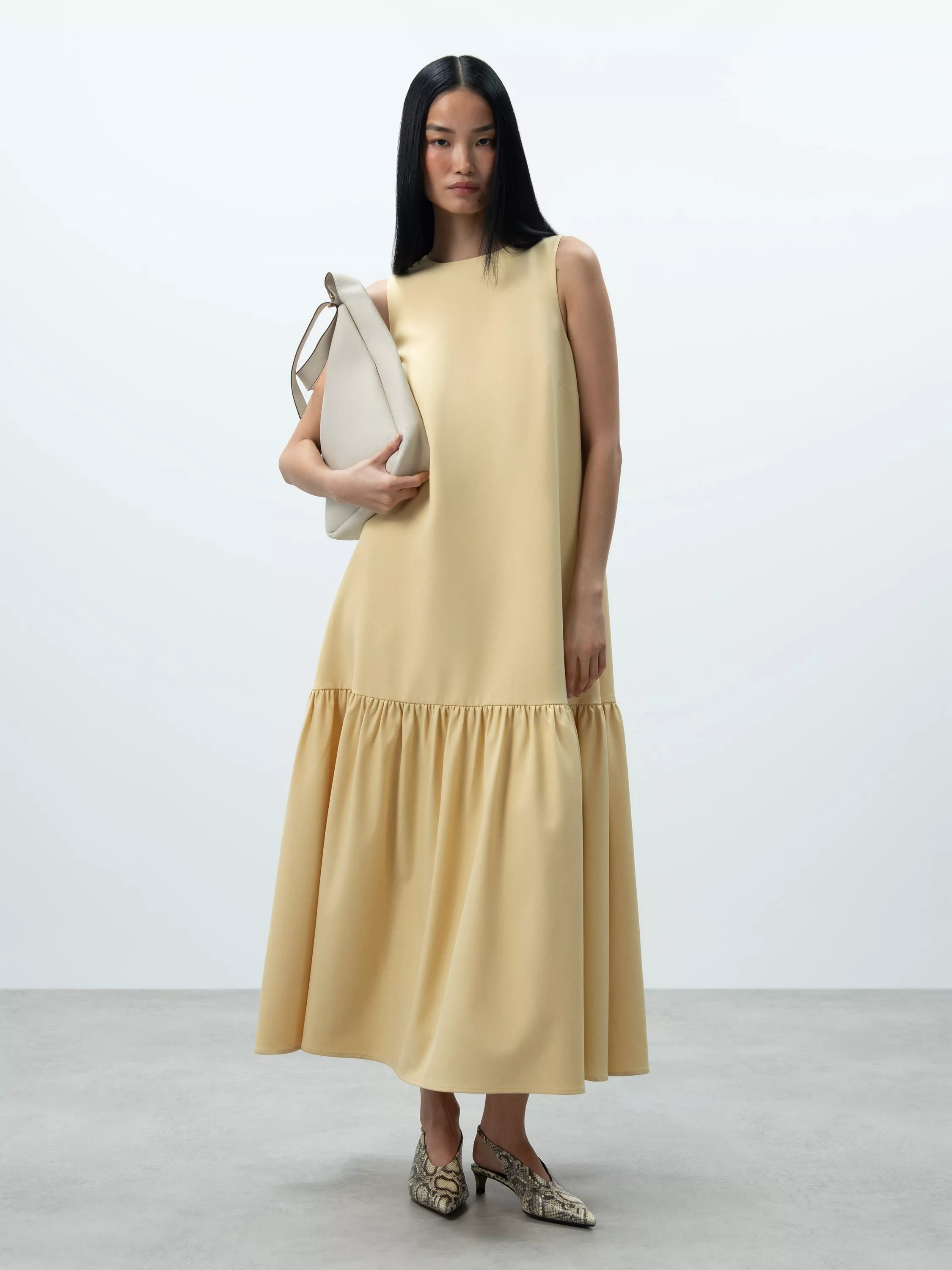 John Lewis Sleeveless Drop Waist Midi Dress, Yellow | John Lewis (UK)