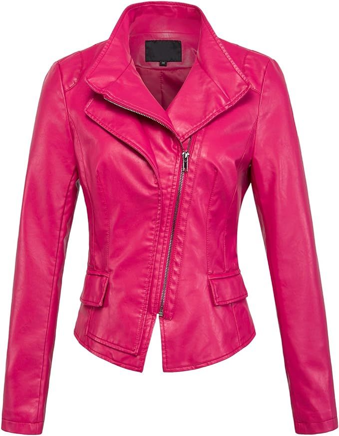 chouyatou Women's Stylish Oblique Zip Slim Faux Leather Biker Outerwear Jacket | Amazon (US)