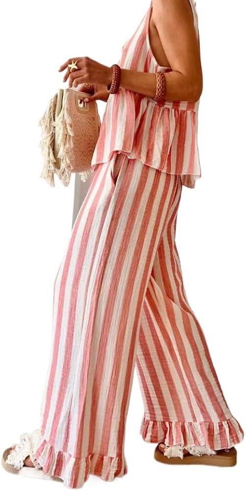 Women's sleeveless top, long pants two-piece set, striped lace up front open vest top, wide leg p... | Amazon (US)