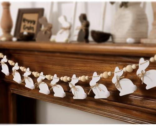 Easter Decorations Garlands, Cute Bunny Easter Garland with Wooden Beads, Rustic Banner for Mante... | Amazon (US)