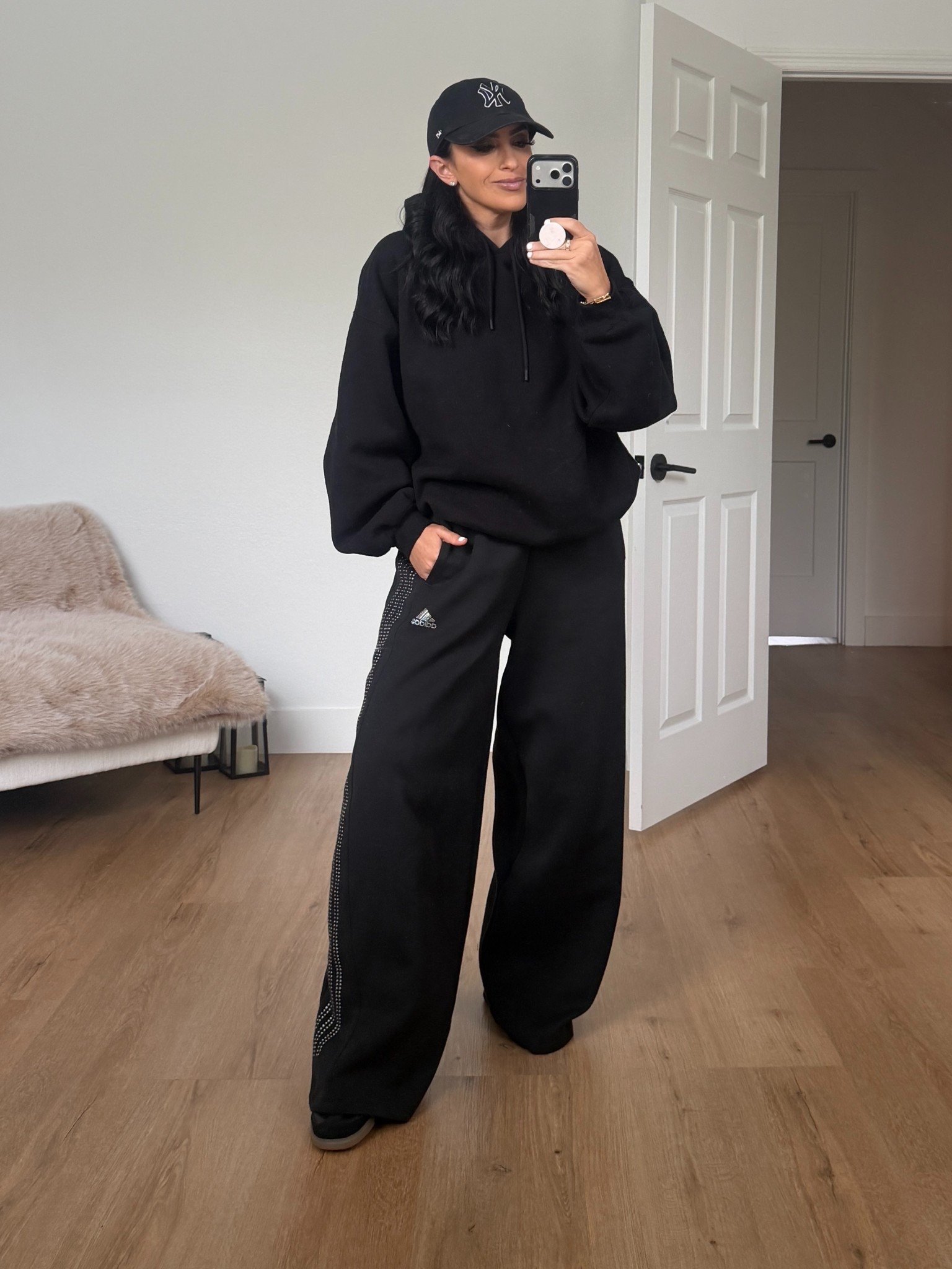 Cozy Sweatfleece Mega Hoodie wearing size small. Adidas Teamgeist rhinestone track pants wearing size small.