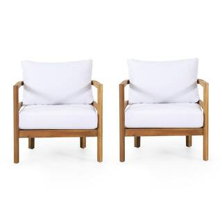 Noble House Ellendale Teak Brown Wood Outdoor Club Chair with White Cushion (2-Pack) 107107 | The Home Depot