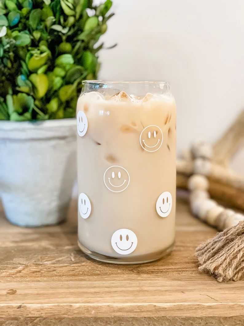 Smiley Glass Cup  Iced Coffee Glass  Glass Coffee Cup  16 | Etsy | Etsy (US)